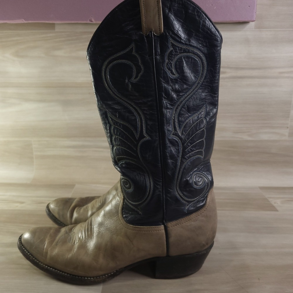 Larry Mahan Cowboy Boots Mens 8.5 Tan Blue Vintage Western Stitched Leather